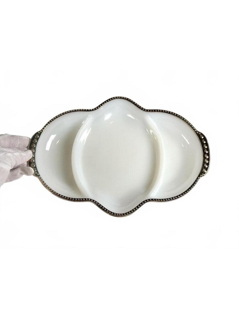Vintage Fire King Milk Glass 3-Section Divided Dish Gold Beaded Trim Made in USA